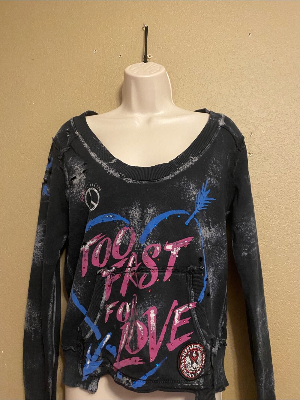 Affliction Distressed Cropped Graphic Sweatshirt Size Medium